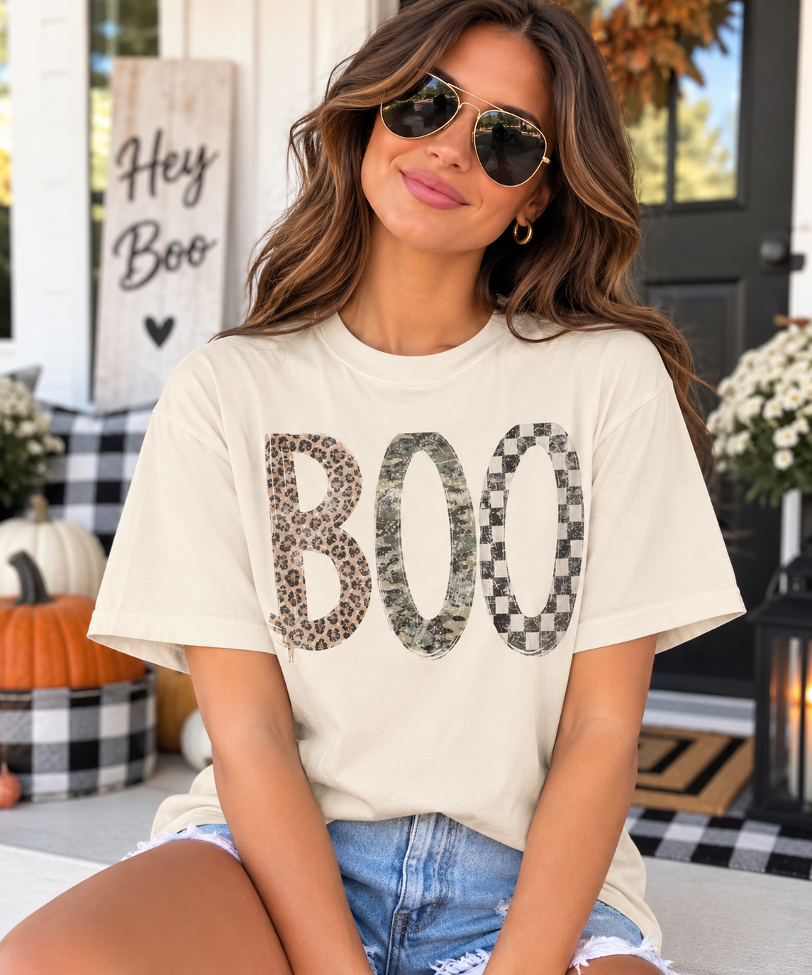 Boo Graphic Tee — Halloween Checker & Leopard