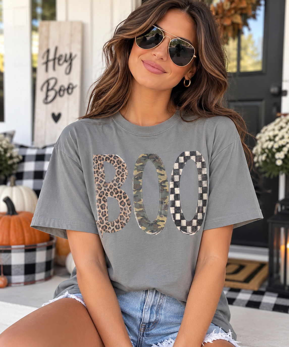 Boo Graphic Tee — Halloween Checker & Leopard