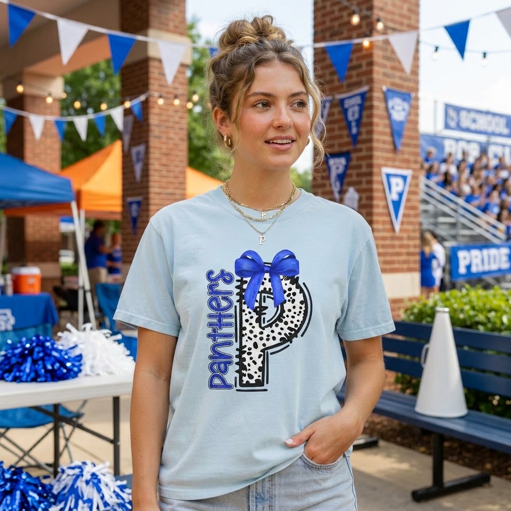 Panthers T‑Shirt — Leopard Print P with Blue Bow