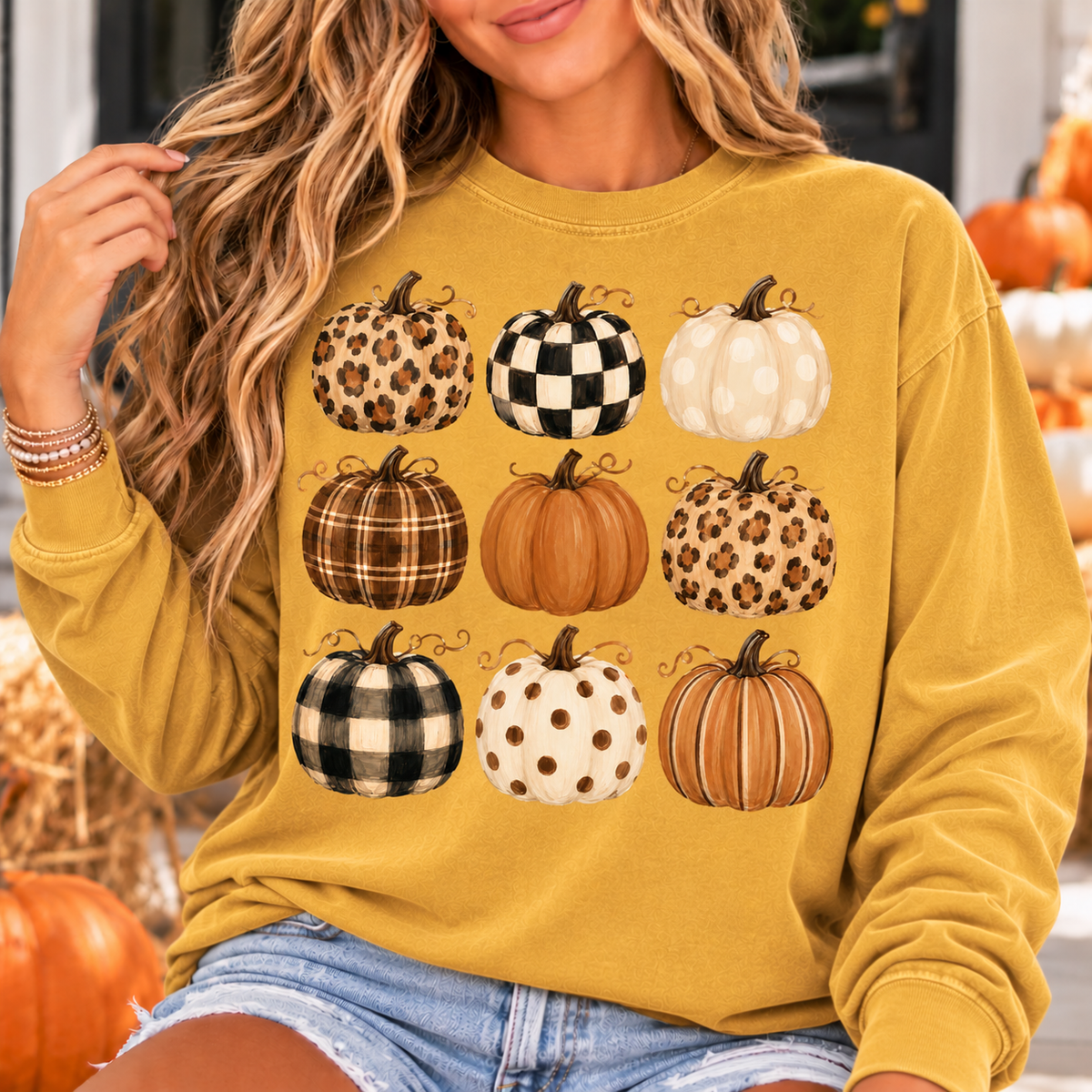 Autumn Pattern Pumpkins Long Sleeve Tee — Fall Harvest Graphic Shirt