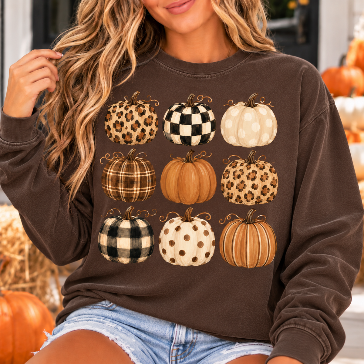 Autumn Pattern Pumpkins Long Sleeve Tee — Fall Harvest Graphic Shirt