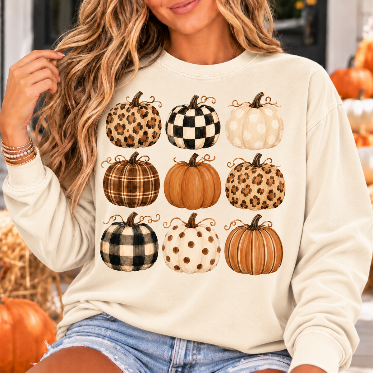 Autumn Pattern Pumpkins Long Sleeve Tee — Fall Harvest Graphic Shirt