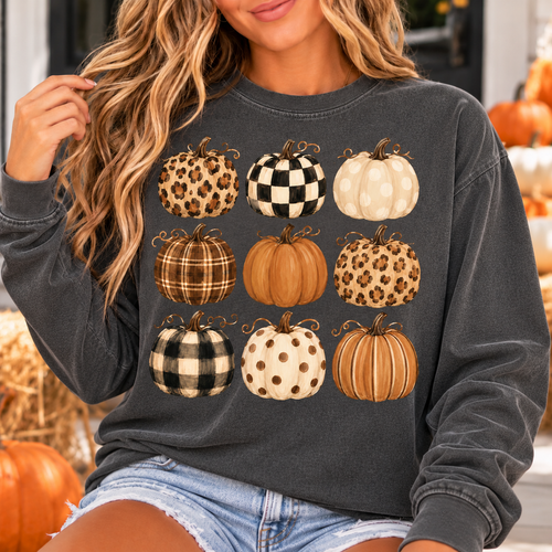 Autumn Pattern Pumpkins Long Sleeve Tee — Fall Harvest Graphic Shirt
