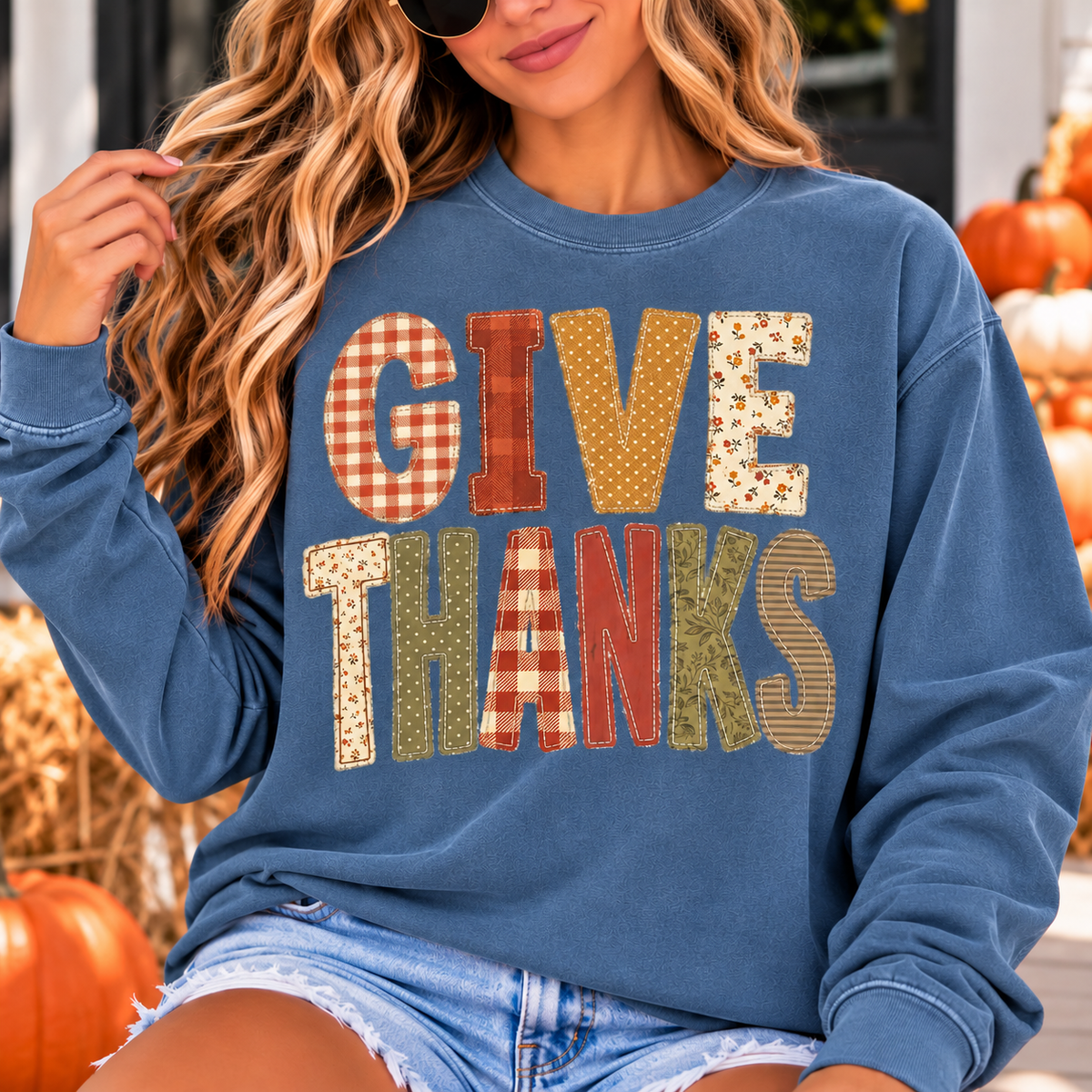 Give Thanks Long Sleeve Tee — Vintage Plaid & Fall Floral Thanksgiving Shirt