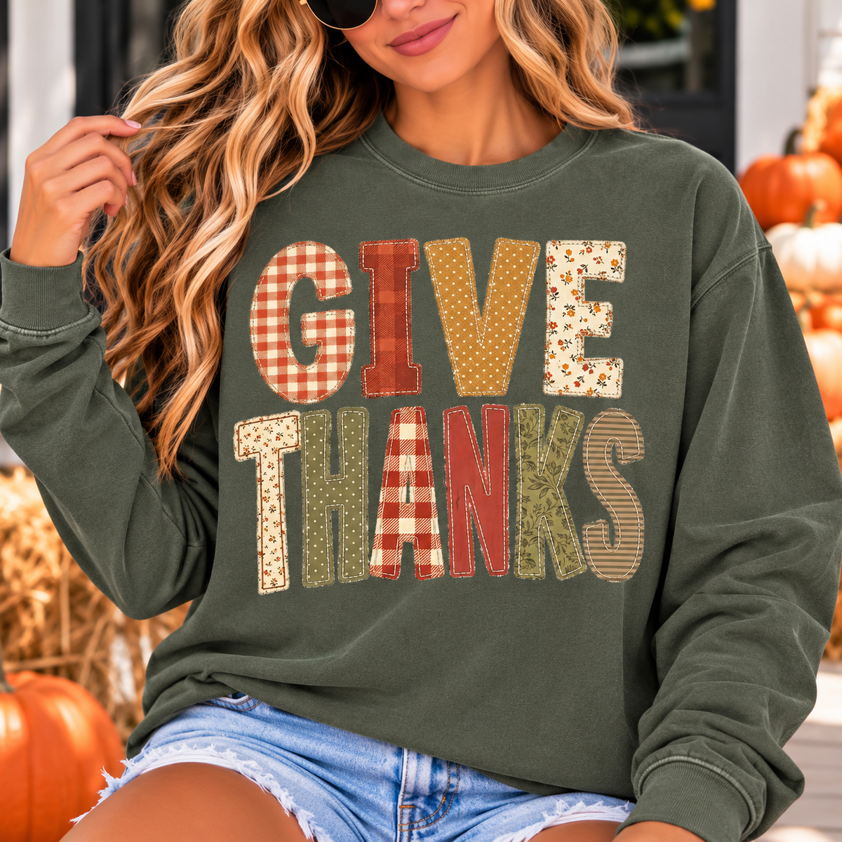 Give Thanks Long Sleeve Tee — Vintage Plaid & Fall Floral Thanksgiving Shirt